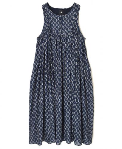 NMDS25553(ワンピース) 80s COTTON VOILE FLOWER BLOCK PRINT RAJASTHAN TUCK GATHERED NO/SL QUILTING DRESS