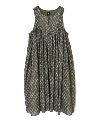 NMDS25553(ワンピース) 80s COTTON VOILE FLOWER BLOCK PRINT RAJASTHAN TUCK GATHERED NO/SL QUILTING DRESS