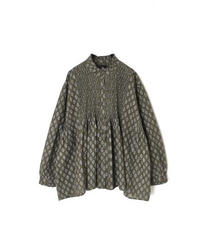 NMDS25551(シャツ) 80s COTTON VOILE FLOWER BLOCK PRINT FRILL COLLAR PINTUCK SHIRT