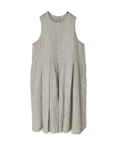 INSL25713(ワンピース) WOOL/LINEN STRIPE CREW-NECK PLEATS NO/SL DRESS