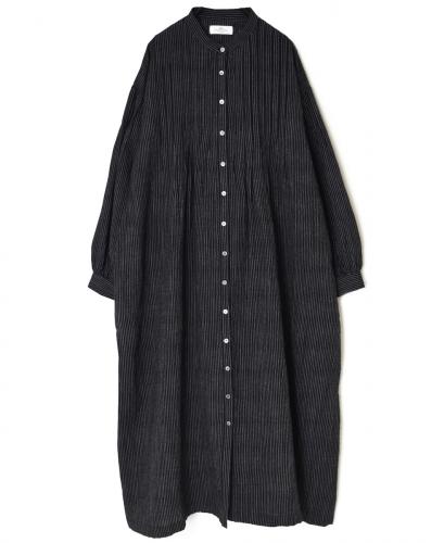 INSL25714(ワンピース) WOOL/LINEN STRIPE BANDED COLLAR DRESS WITH PINTUCK