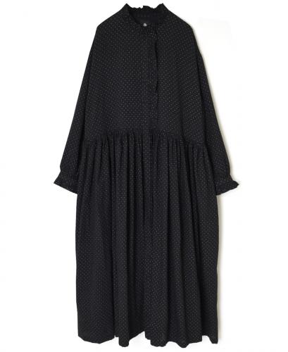 INMDS25764(ワンピース) WOOL/COTTON/SILK PIN DOT PRINT FRILL COLLAR SHIRT DRESS WITH RAJASTHAN GATHER