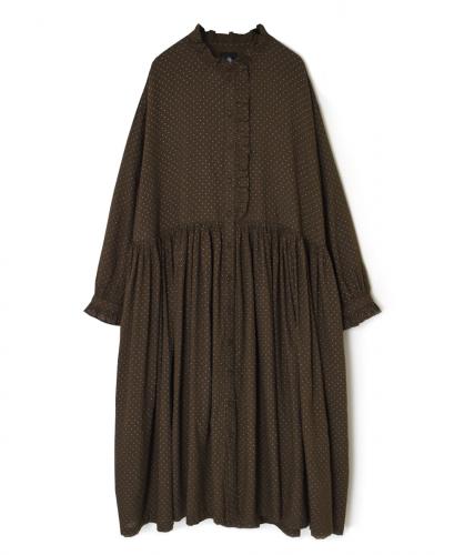 ●INMDS25764(ワンピース) WOOL/COTTON/SILK PIN DOT PRINT FRILL COLLAR SHIRT DRESS WITH RAJASTHAN GATHER