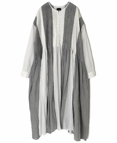 ●INMDS26112W(ワンピース) HANDWOVEN COTTON SINGLE CHECK PATCHWORK(WASHED) BALL BUTTON SHIRTS DRESS WITH MINI PINTUCK
