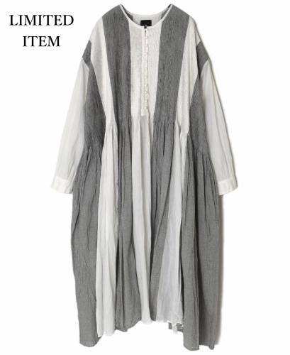 ●INMDS26112W(ワンピース) HANDWOVEN COTTON SINGLE CHECK PATCHWORK(WASHED) BALL BUTTON SHIRTS DRESS WITH MINI PINTUCK