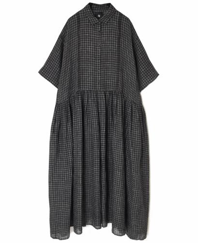 NMDS26284(ワンピース) 80s POWER LOOM LINEN CHECK REGULAR COLLAR DRESS WITH RAJASTHAN GATHER