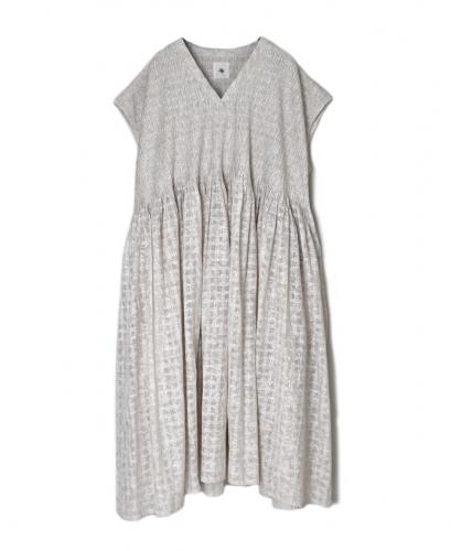 INMDS26097(ワンピース) POWER LOOM COTTON DOBIE CHECK FLOWER HAND SCREEN PRINT V-NECK FRENCH/SL PULLOVER DRESS MINI PINTUCK